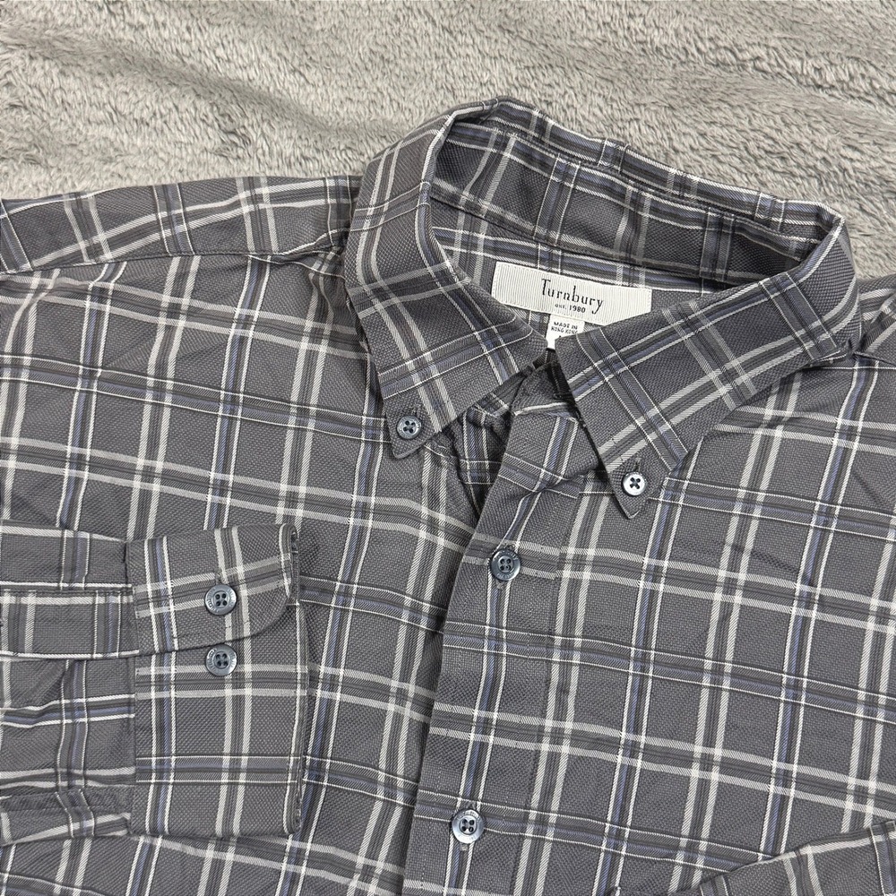 Turnbury Mens Button Down‎ Plaid Long Sleeve Shirt Gray White Blue Size Medium